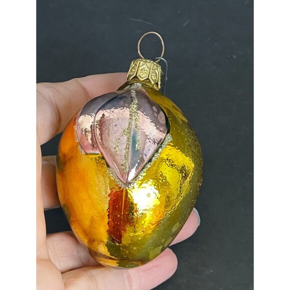 Vintage Mercury Glass Red-Gold Plum Fruit w/Leaves Ornament Christmas - Picture 3 of 9